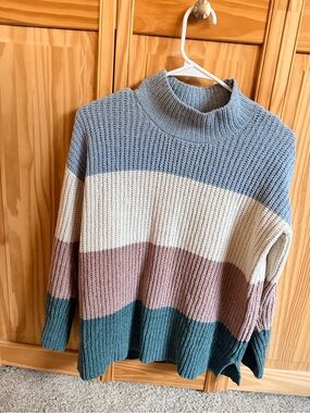 Striped Mock Neck Sweater in Light Blue, Cream & Teal